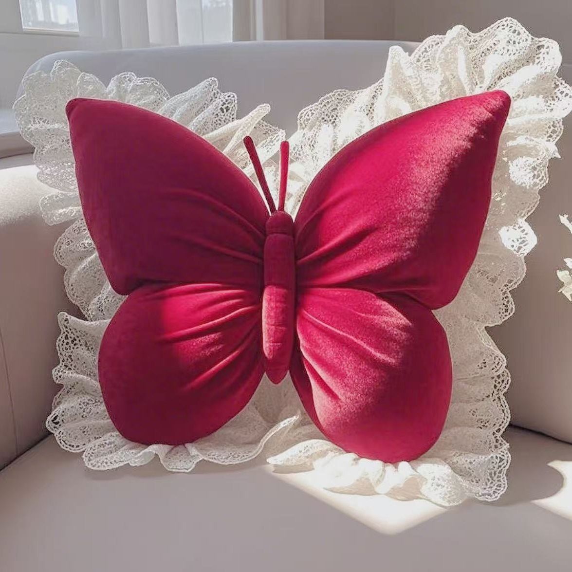 Royeva Velvet Butterfly Pillow with Lace Trim for Chic Home Decor