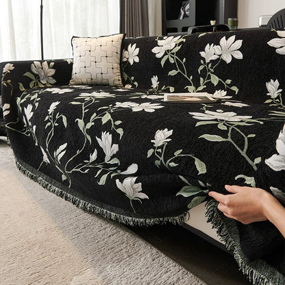 Novara Black Floral Jacquard Sofa Cover with Tassel Trim for Living Room