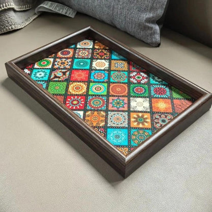 Novara Decorative Bohemian Pattern Wooden Serving Tray for Tabletop