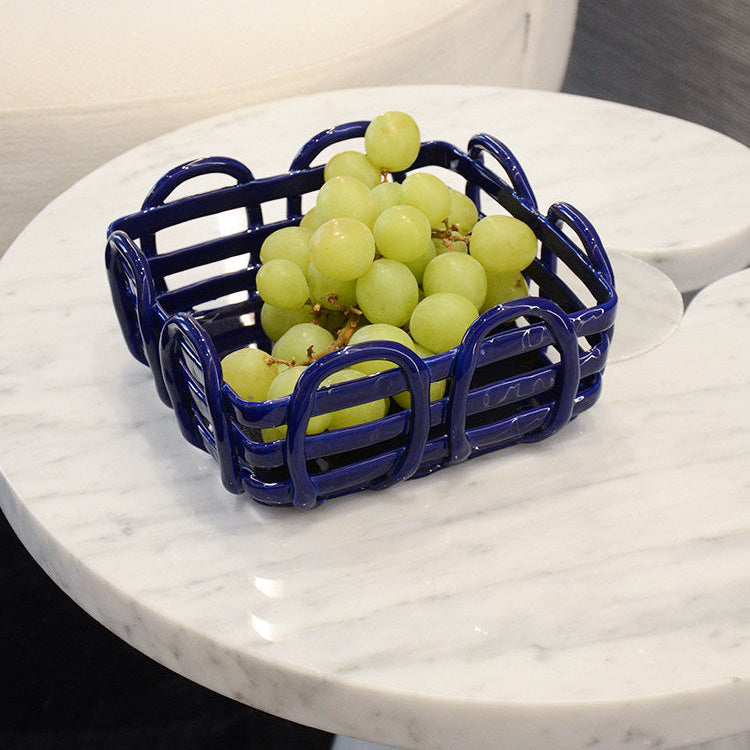 Royeva Modern Geometric Ceramic Fruit Bowl & Bread Basket - Artisanal Red Lattice Design