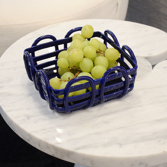 Royeva Modern Geometric Ceramic Fruit Bowl & Bread Basket - Artisanal Red Lattice Design