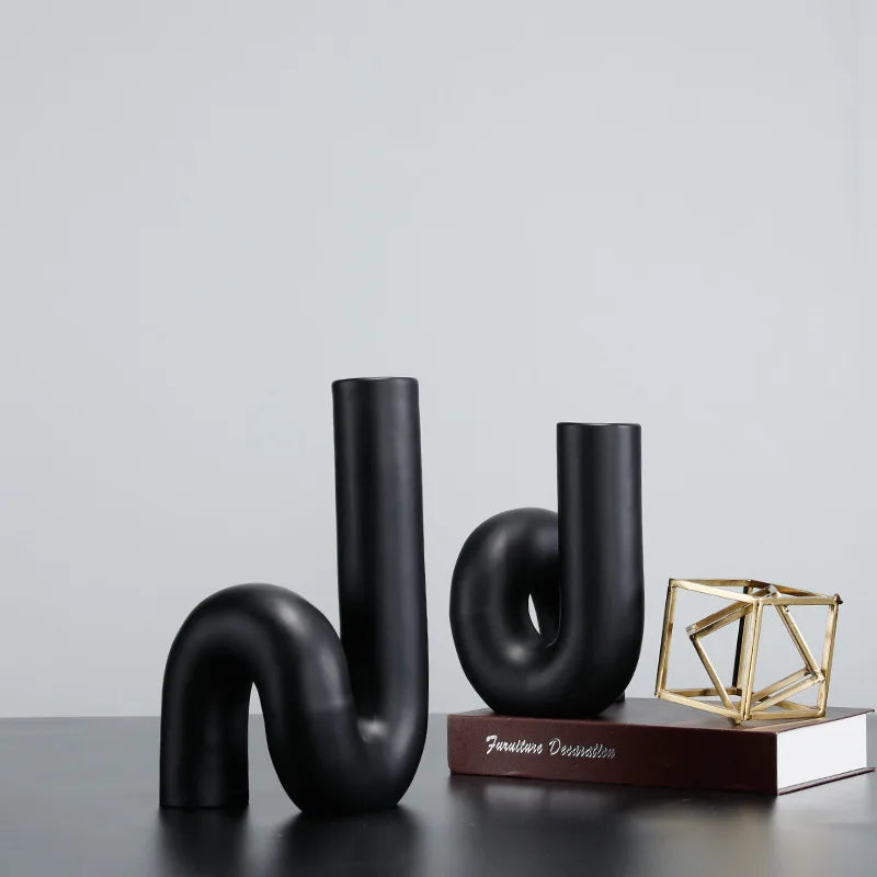 Novara Matte Black Ceramic Tube Vase-Modern Abstract Geometric Decor