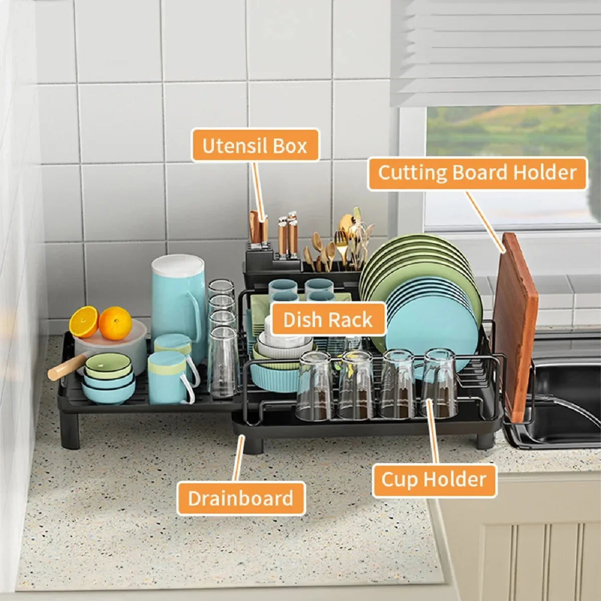 2-Tier Dish Drying Rack Kitchen Sink Organizer with Cutlery Holder & Drip Tray 1