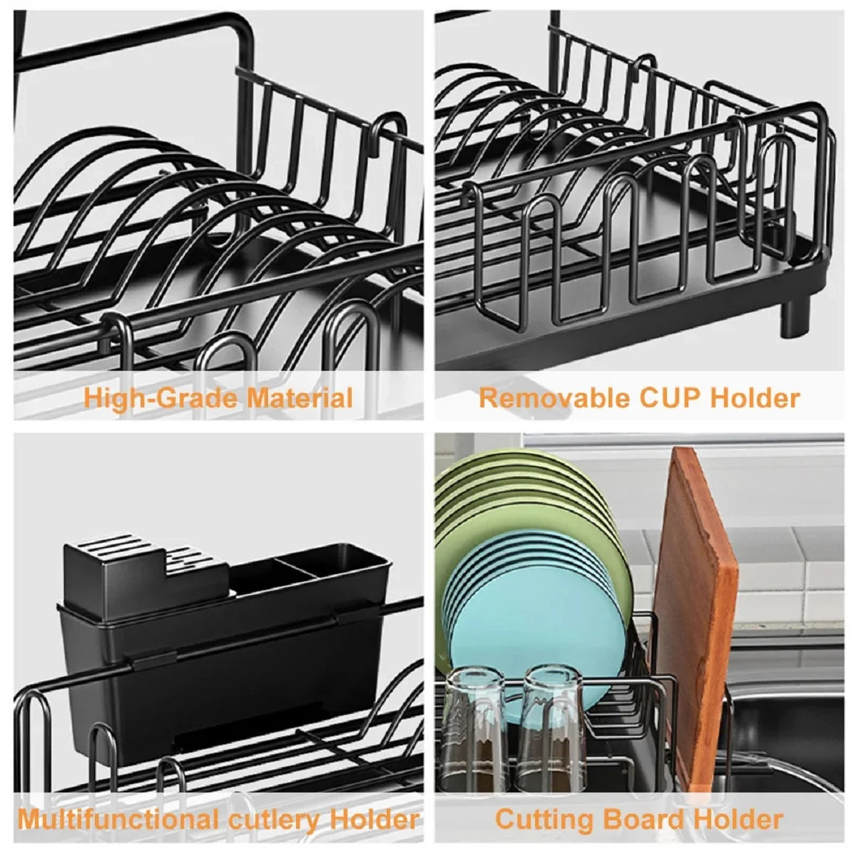 2-Tier Dish Drying Rack Kitchen Sink Organizer with Cutlery Holder & Drip Tray 2