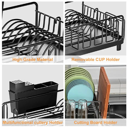 2-Tier Dish Drying Rack Kitchen Sink Organizer with Cutlery Holder & Drip Tray 2