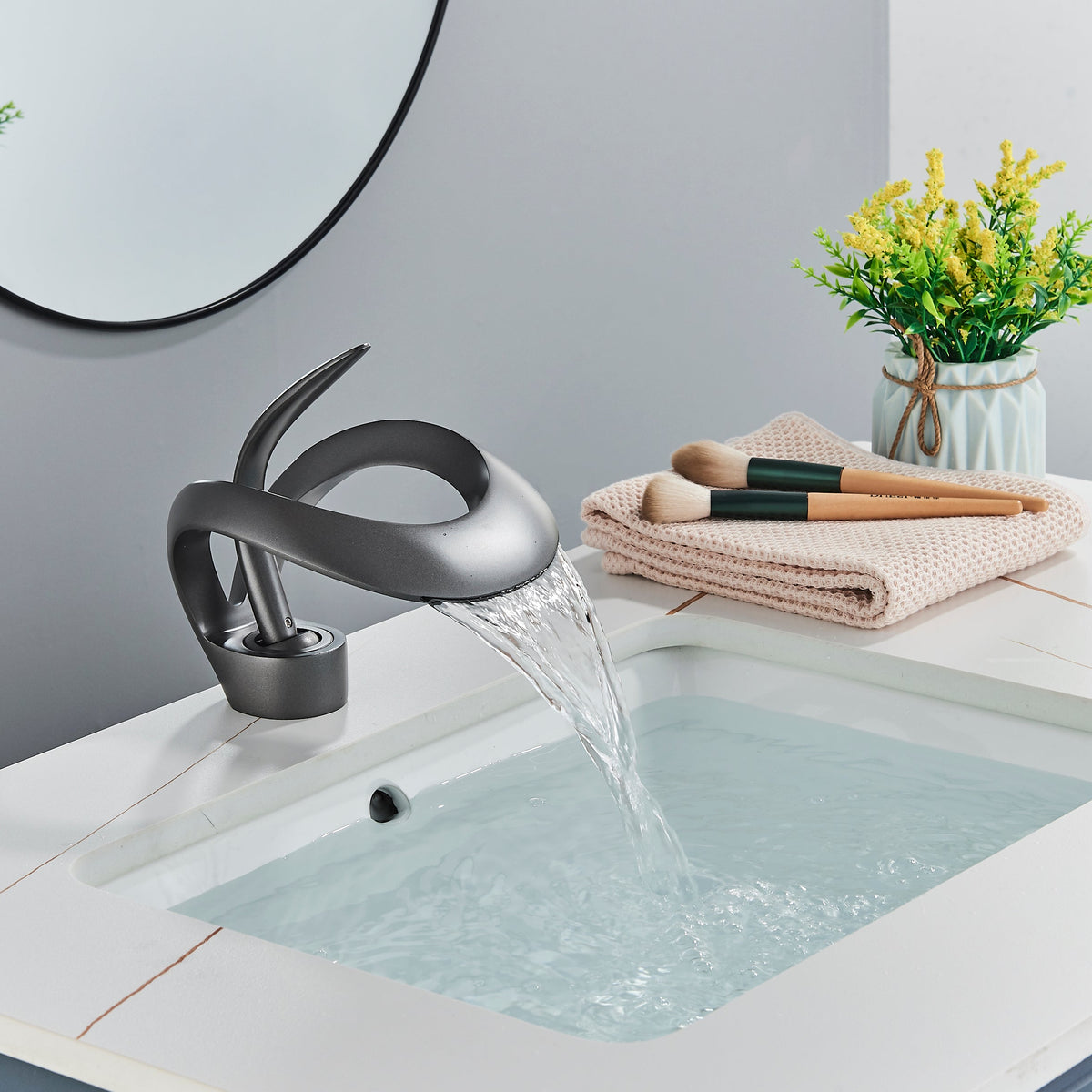 Royeva Modern Waterfall Bathroom Sink Faucet, Single Handle Matte Gray Basin Mixer Tap