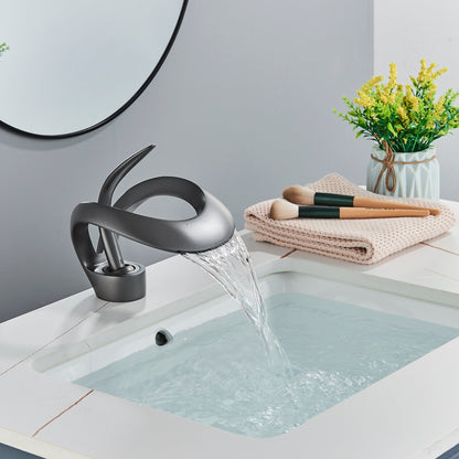 Royeva Modern Waterfall Bathroom Sink Faucet, Single Handle Matte Gray Basin Mixer Tap