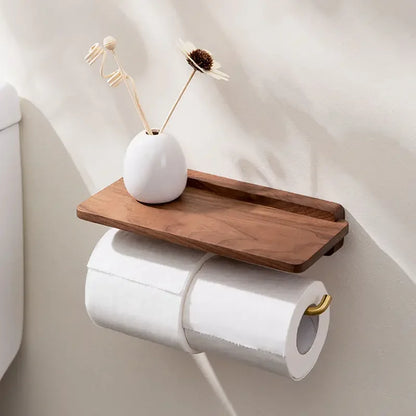 Novara Walnut Toilet Paper Holder with Shelf - Modern Bathroom Tissue Roll Storage