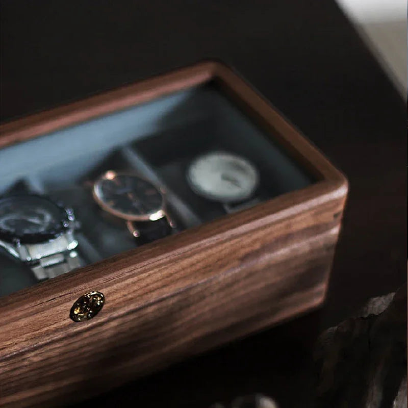 Eloria Walnut Watch Display Case Top for Men with Glass Lid & Soft Microfiber Interior