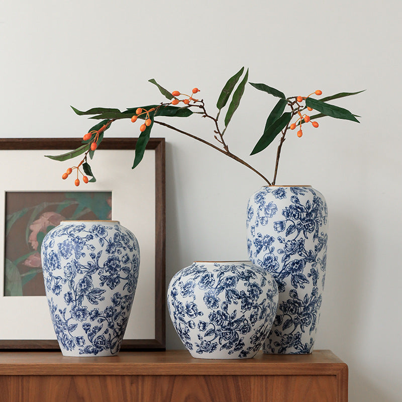 Novara Blue & White Chinoiserie Floral Porcelain Vase - Hand-Painted Style Decorative Urn