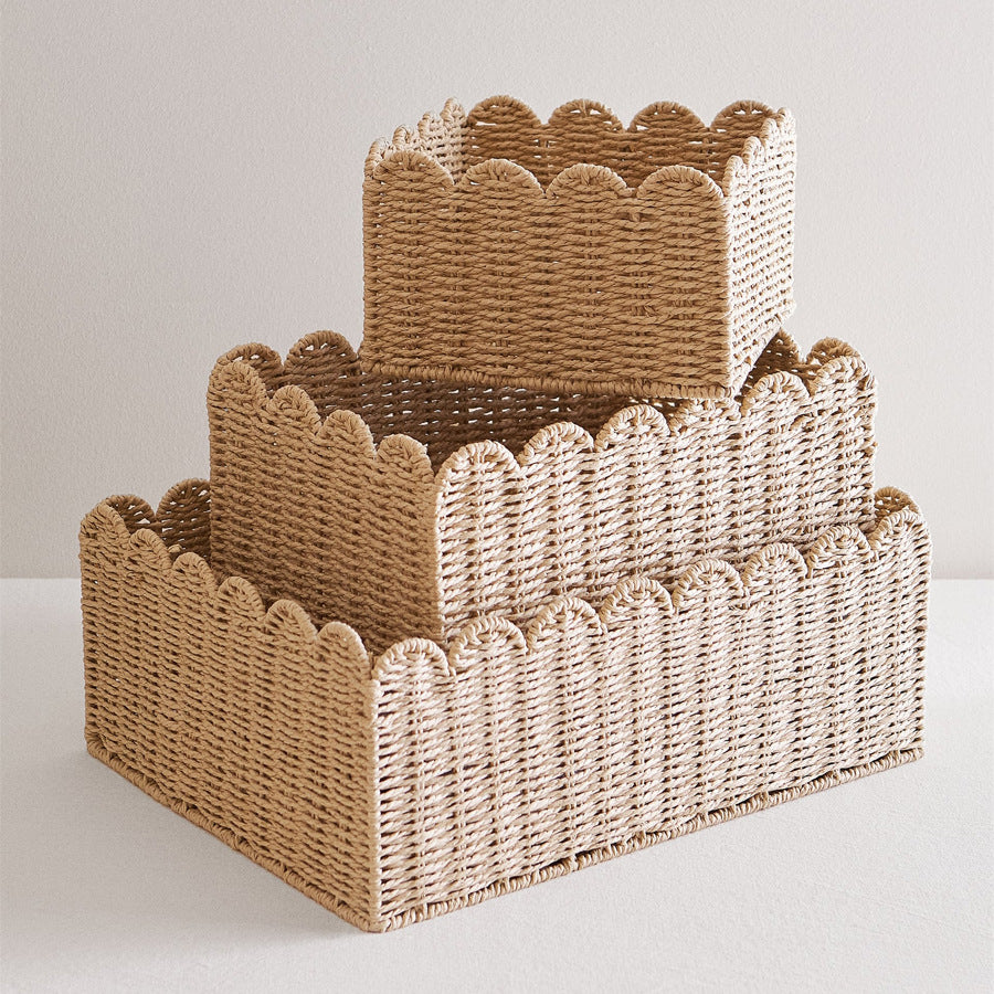 Royeva Woven Scalloped Wicker Storage Basket Set-Natural Home Organization