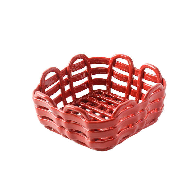 Royeva Modern Geometric Ceramic Fruit Bowl & Bread Basket - Artisanal Red Lattice Design