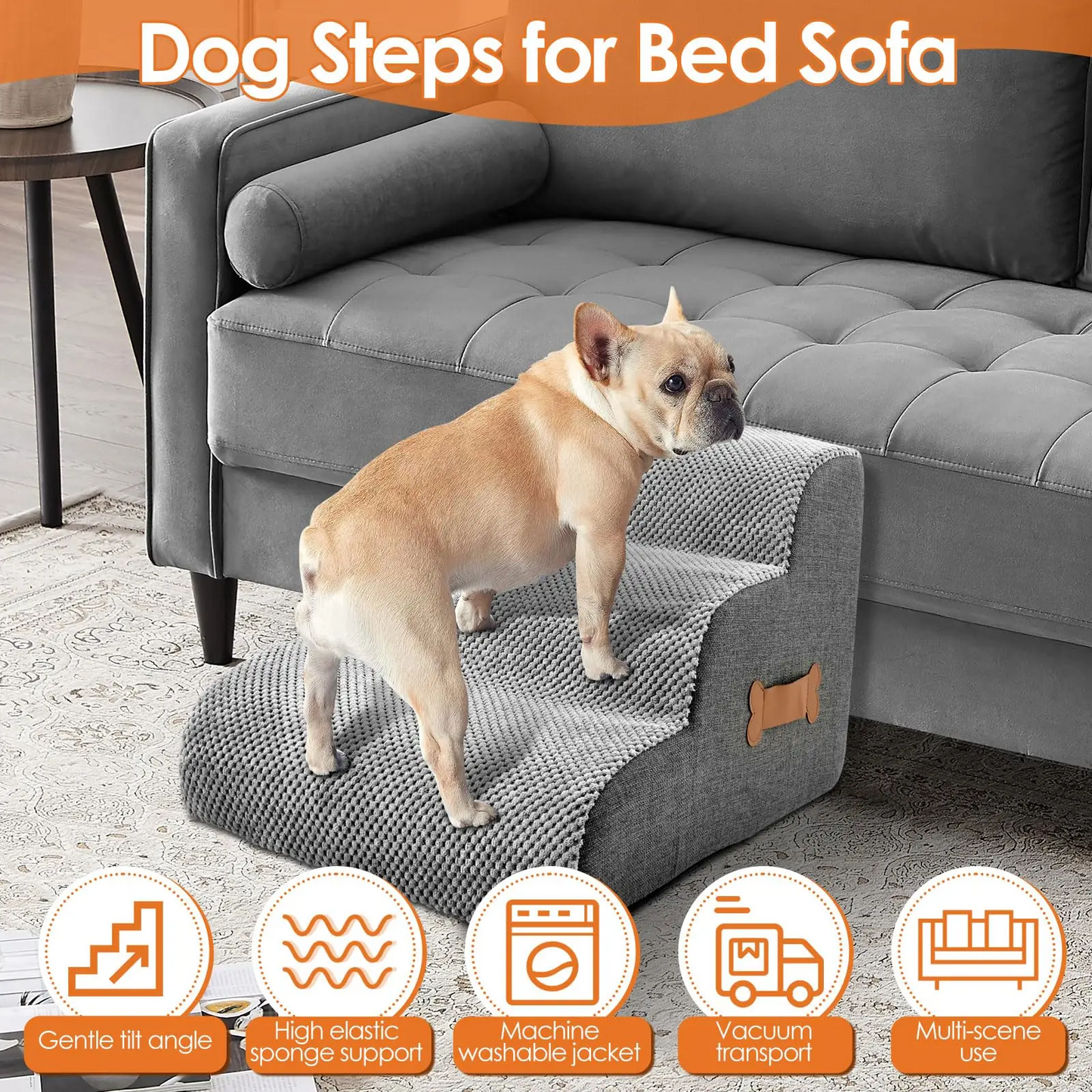 Royora 3 Step Dog Stairs for Beds and Sofas - Gray Pet Ladder for Small Dogs & Pets