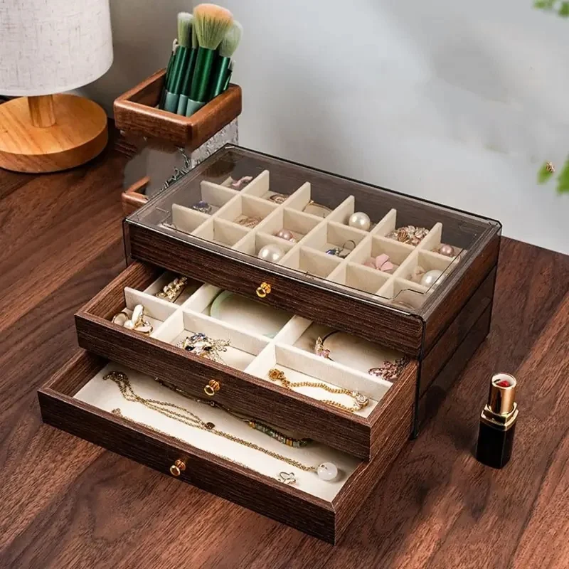 Novara Wooden Jewelry Box with Clear Lid and 3 Drawers for Rings and Bracelets