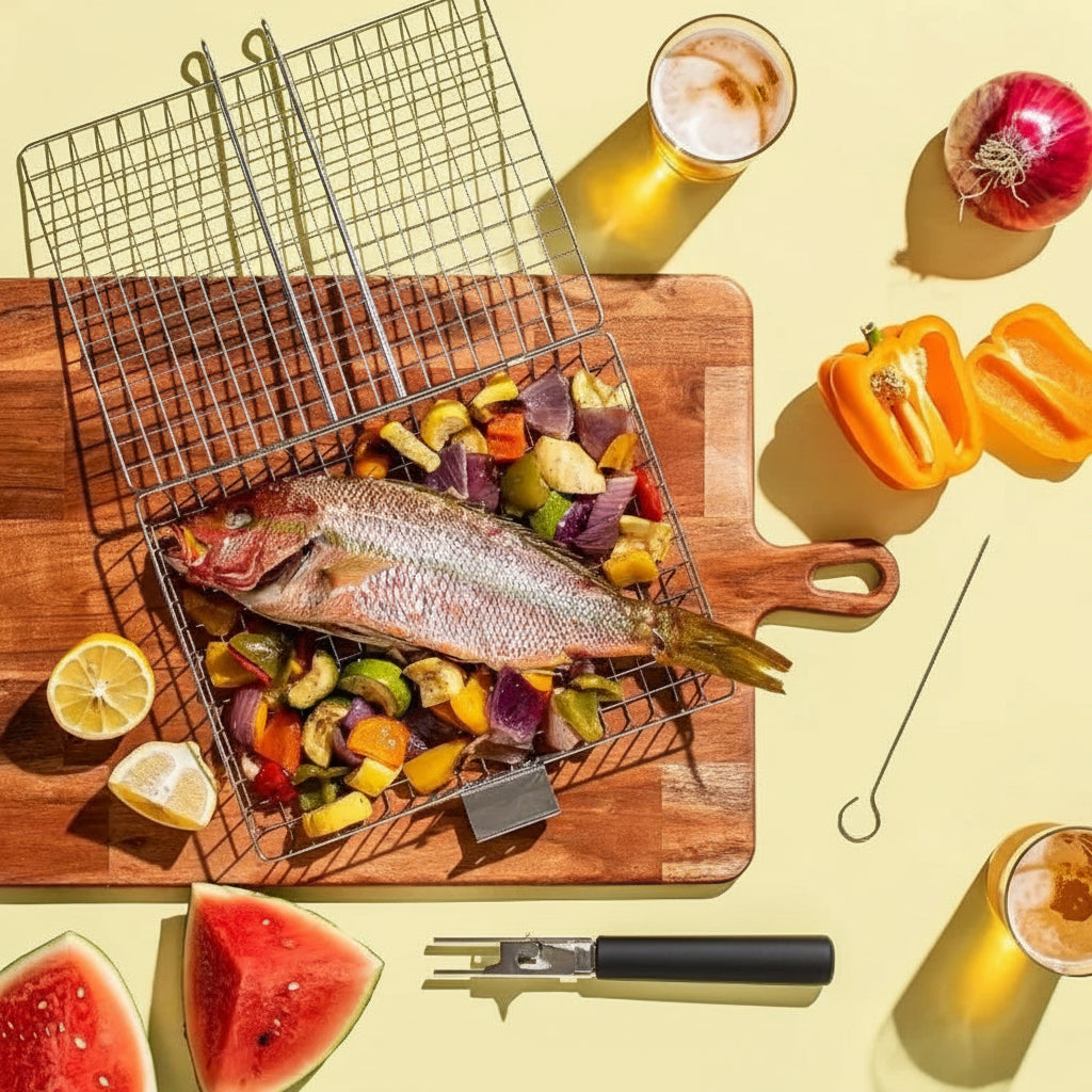 Royora Stainless Steel Grill Basket for Fish and Vegetables - BBQ Roasting Pan
