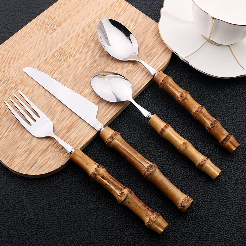 Novara 24 Piece Stainless Steel Bamboo Handle Flatware Set