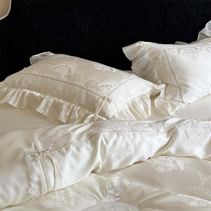 Royeva Luxury 600TC Lyocell Jacquard Bedding Set With Lace Embroidery & Ruffles