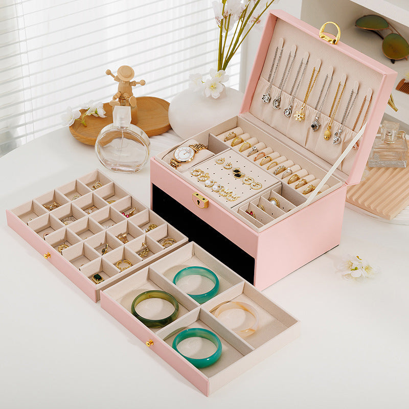 Novara Multi-Layer Leather Pink Jewelry Box for Rings, Necklaces, Bracelets & Earrings Storage