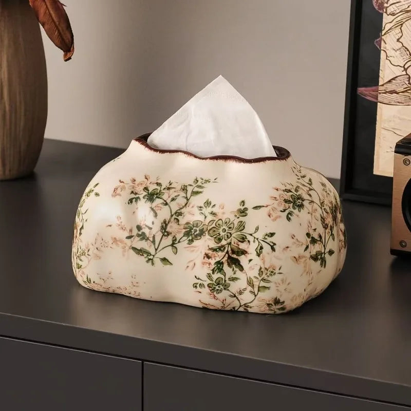 Novara Botanical Vine Ceramic Tissue Box Cover with Crackle Glaze Finish