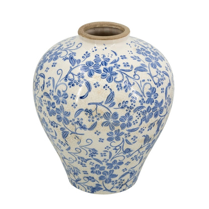 Novara Hand-Painted Blue & White Ceramic Floral Vase - Rustic Farmhouse Decor