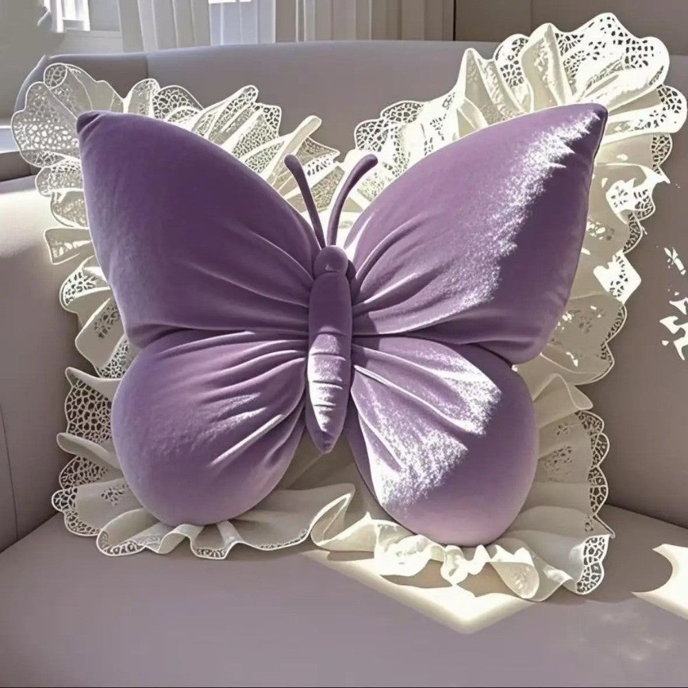 Royeva Velvet Butterfly Pillow with Lace Trim for Chic Home Decor