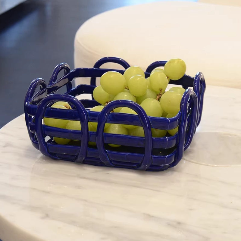 Royeva Modern Geometric Ceramic Fruit Bowl & Bread Basket - Artisanal Red Lattice Design