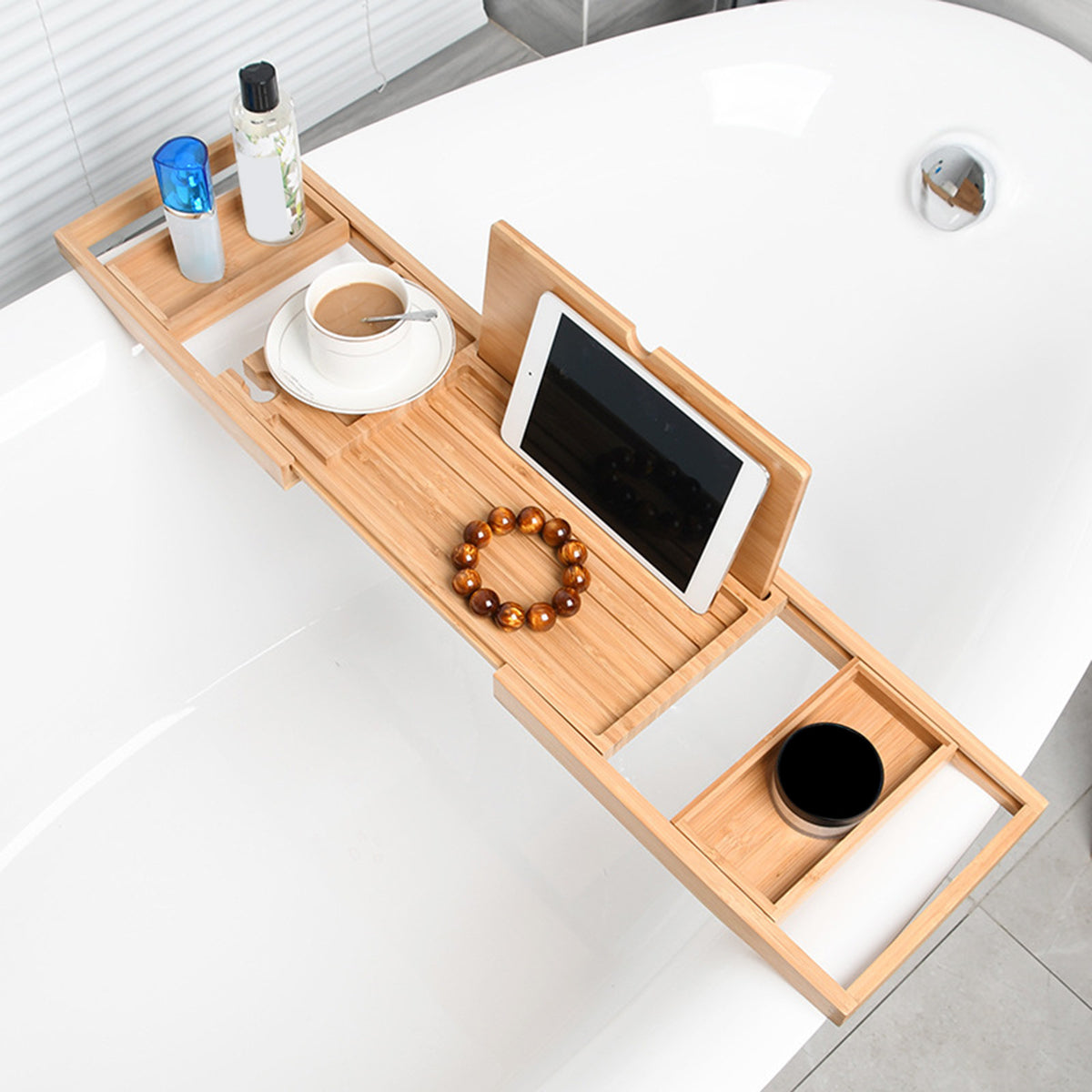 Royora Expandable Bamboo Bathtub Caddy Tray with Book Holder and Wine Glass Slot