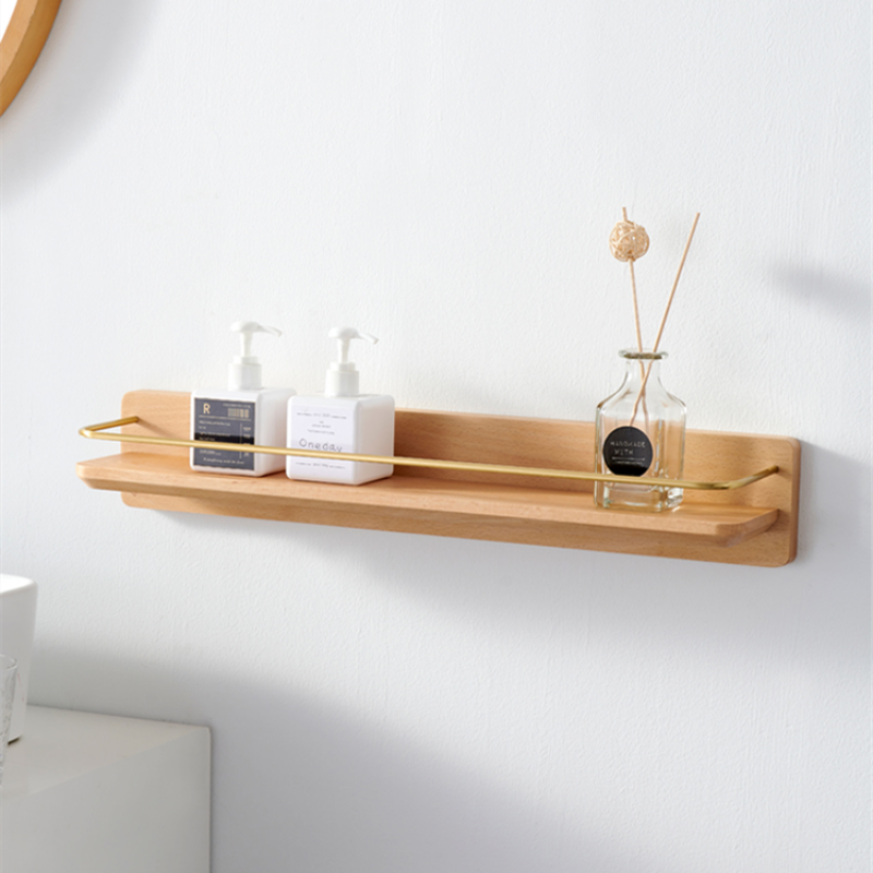 Royeva Wall Mounted Floating Shelf with Gold Rail - Modern Wood Bathroom Organizer