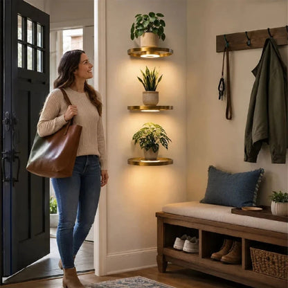 Royeva Round LED Floating Wall Shelf With Warm Lighting For Plants