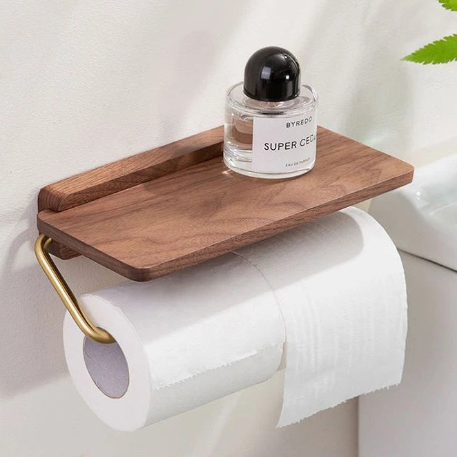 Novara Walnut Toilet Paper Holder with Shelf - Modern Bathroom Tissue Roll Storage