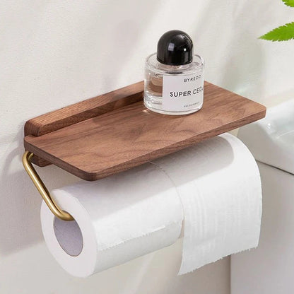 Novara Walnut Toilet Paper Holder with Shelf - Modern Bathroom Tissue Roll Storage