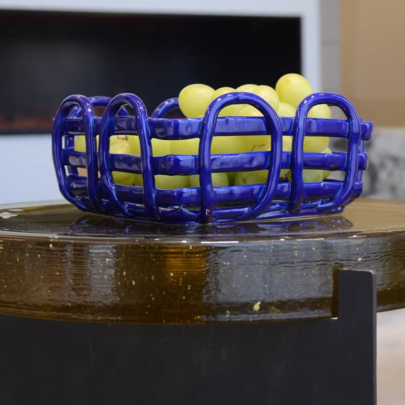 Royeva Modern Geometric Ceramic Fruit Bowl & Bread Basket - Artisanal Red Lattice Design