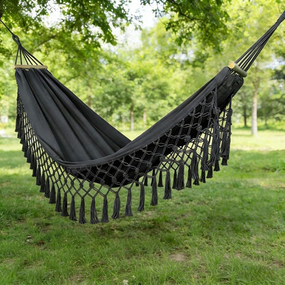Royora Outdoor Cotton Rope Hammock with Fringes - Bohemian Patio Yard Swing Lounger