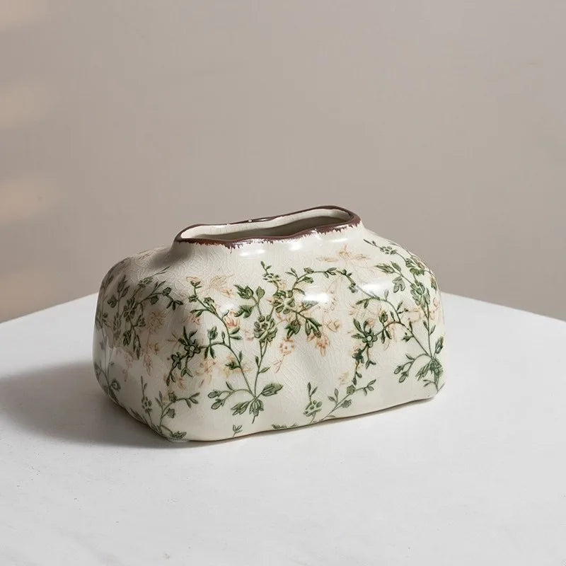Novara Botanical Vine Ceramic Tissue Box Cover with Crackle Glaze Finish