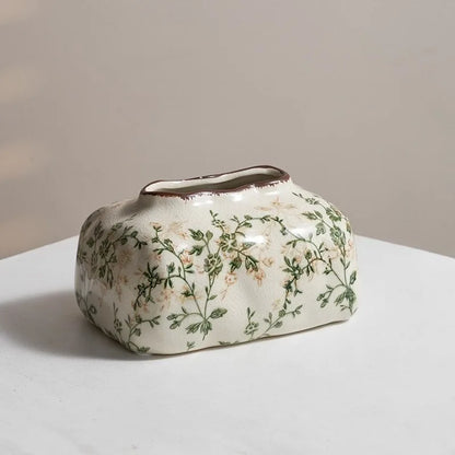 Novara Botanical Vine Ceramic Tissue Box Cover with Crackle Glaze Finish