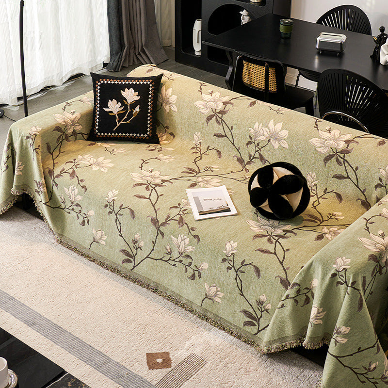 Novara Black Floral Jacquard Sofa Cover with Tassel Trim for Living Room