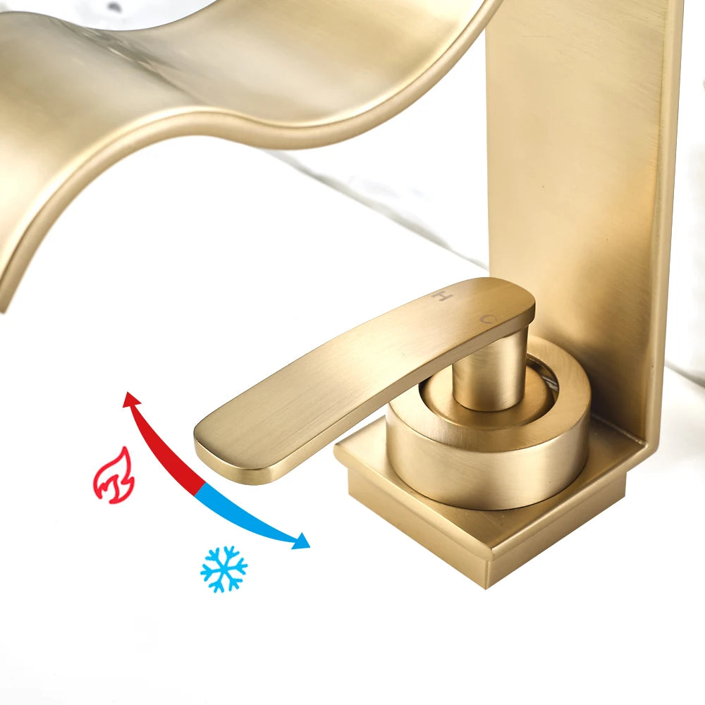 Novara Brushed Brass Waterfall Basin Faucet For Above Counter Vessel Sink