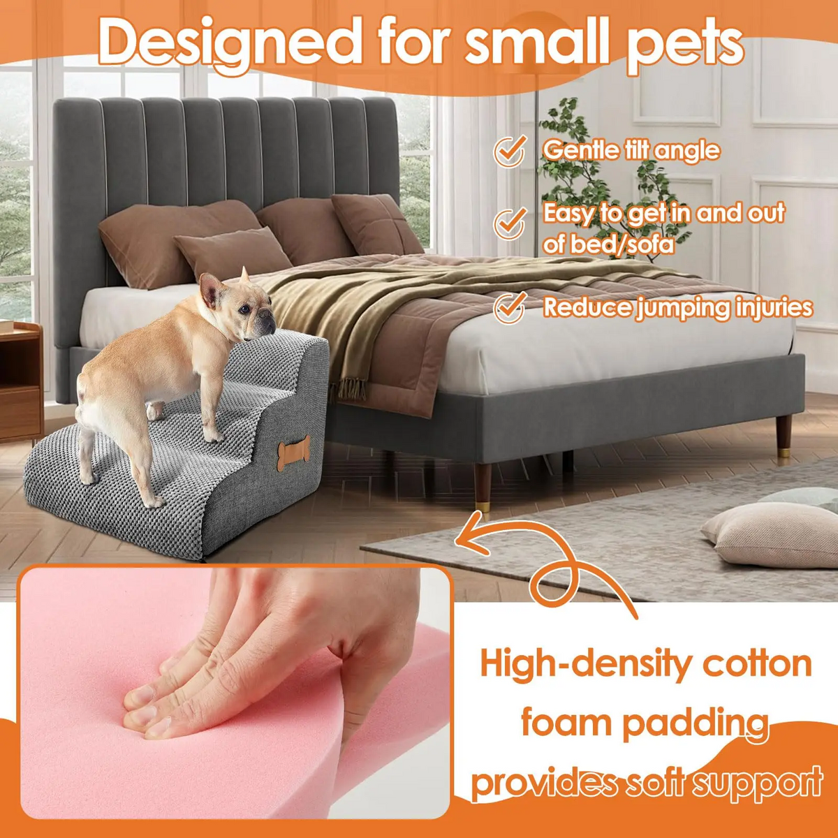 Royora 3 Step Dog Stairs for Beds and Sofas - Gray Pet Ladder for Small Dogs & Pets