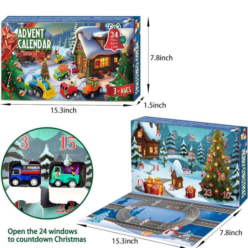 Royeva 2026 Car Advent Calendar 24 Days Pull Back Toy Vehicles Christmas Countdown