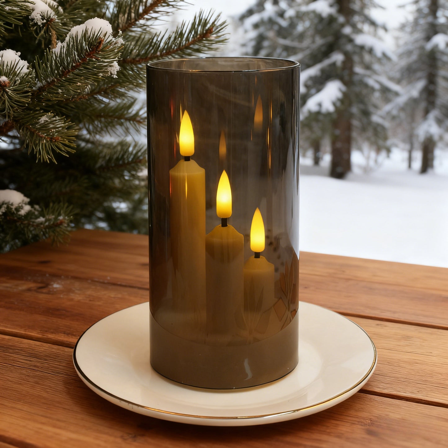 Royelle LED Flameless Candles in Smoked Glass Hurricane Lanterns - Set of 2