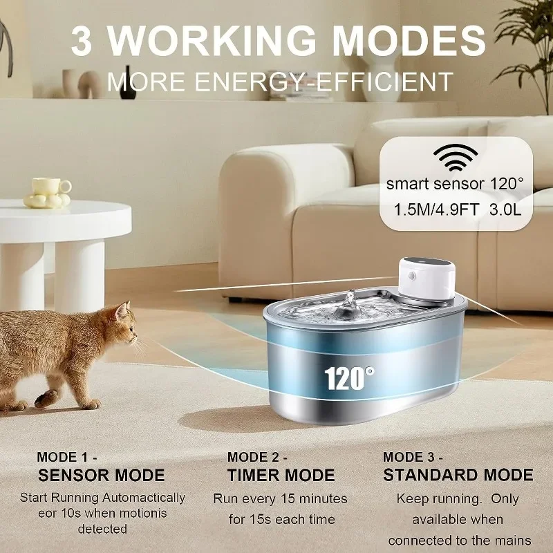 Eloria Cordless Stainless Steel Pet Water Fountain with Infrared Sensor, 4000mAh Battery