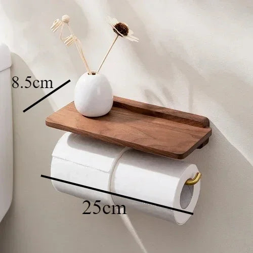 Novara Walnut Toilet Paper Holder with Shelf - Modern Bathroom Tissue Roll Storage