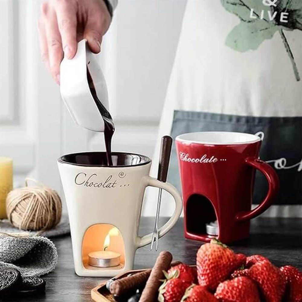 Royeva Ceramic Fondue Set Candle-Heated Chocolate And Cheese Melting Pot