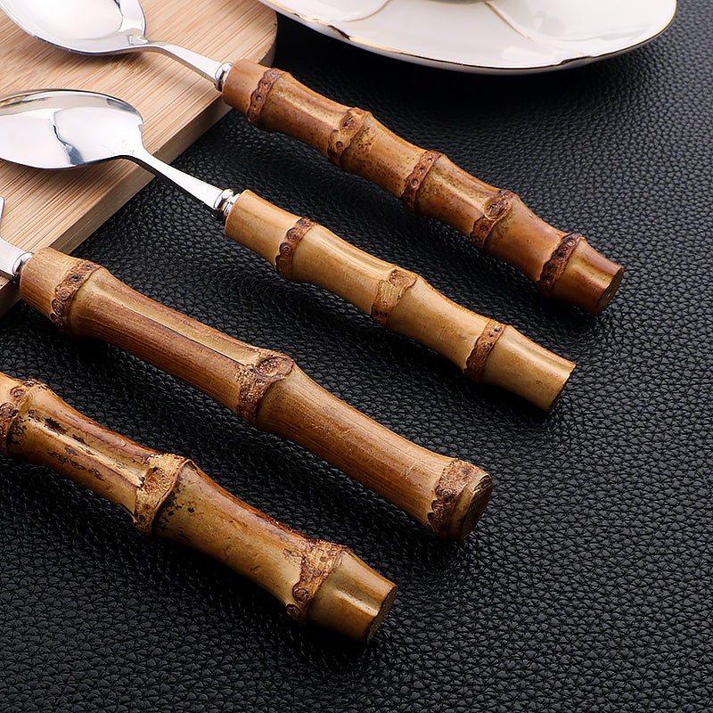 Novara 24 Piece Stainless Steel Bamboo Handle Flatware Set