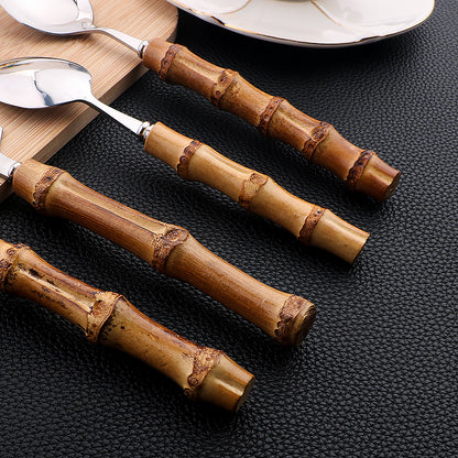 Novara 24 Piece Stainless Steel Bamboo Handle Flatware Set