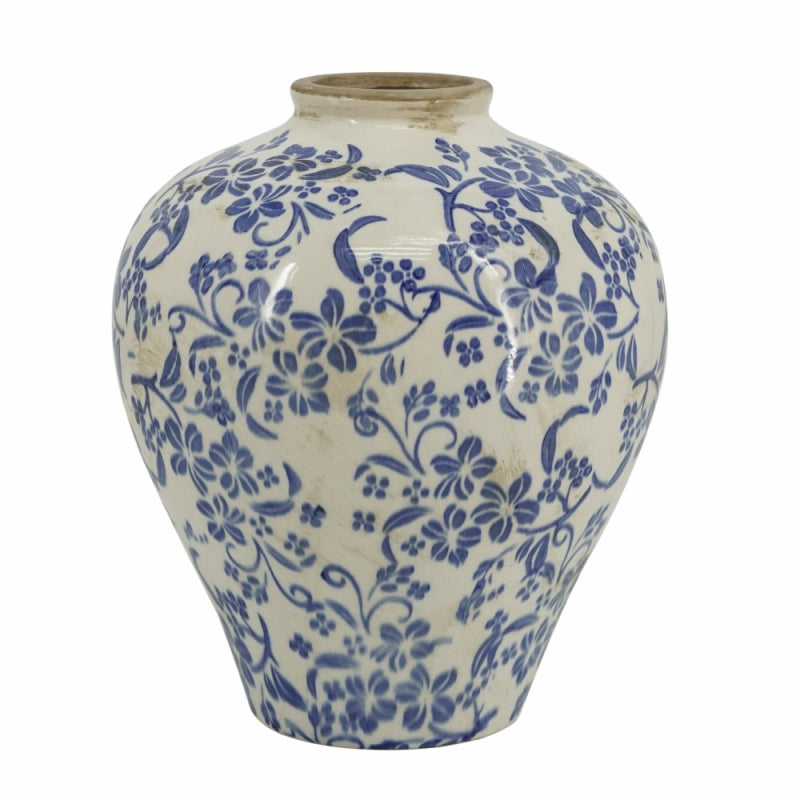 Novara Hand-Painted Blue & White Ceramic Floral Vase - Rustic Farmhouse Decor