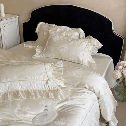 Royeva Luxury 600TC Lyocell Jacquard Bedding Set With Lace Embroidery & Ruffles