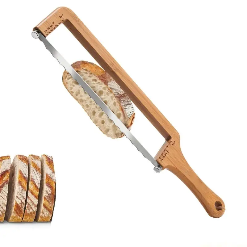 Novara Bamboo Bread Slicer with Guide for Homemade Artisan Loaves and Bagels