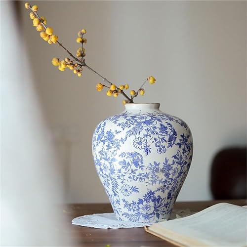 Novara Hand-Painted Blue & White Ceramic Floral Vase - Rustic Farmhouse Decor