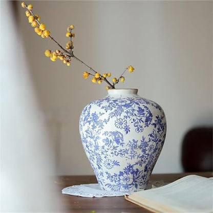 Novara Hand-Painted Blue & White Ceramic Floral Vase - Rustic Farmhouse Decor
